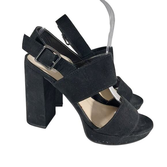 BAR III! BLACK VEGAN SUEDE MICROFIBER CHUNKY HEEL STRAP & BUCKLE SANDALS! SZ 7M - Picture 11 of 11